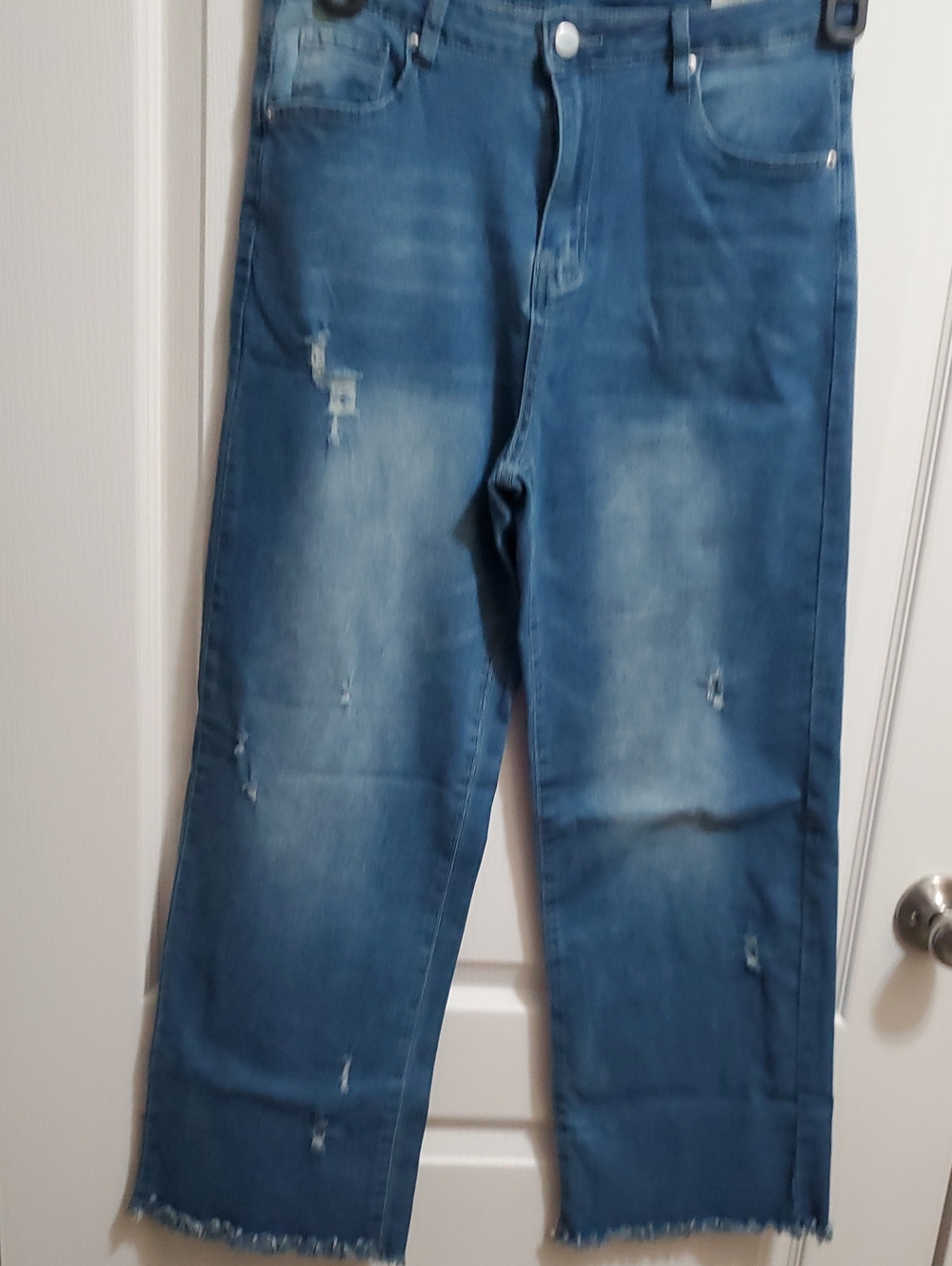 Womens Blue Distressed High Waisted Wide Leg Jeans Sz Large
